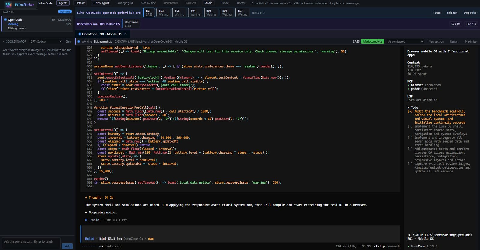 A benchmark suite running: Kimi K3.1 Pro in OpenCode on test 1 of 7, with tokens and cost so far